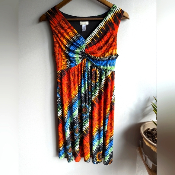 Chico’s Multicolor Sunburst Rainbow Sleeveless Dress Sz 0 Baby Doll Empire Waist - Picture 1 of 8